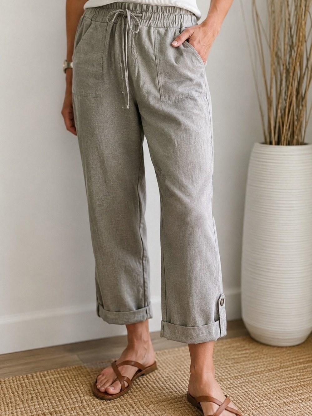 Point Zero Linen Blend Roll-Up Pants | Taupe | Size M